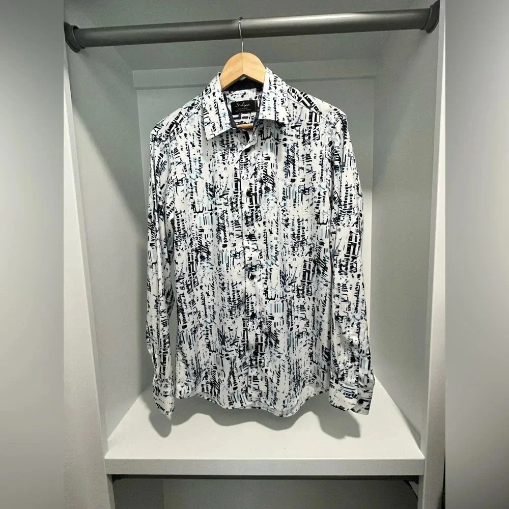 St Lynn men’s blue and white patterned dress shirt 100% organic cotton Large